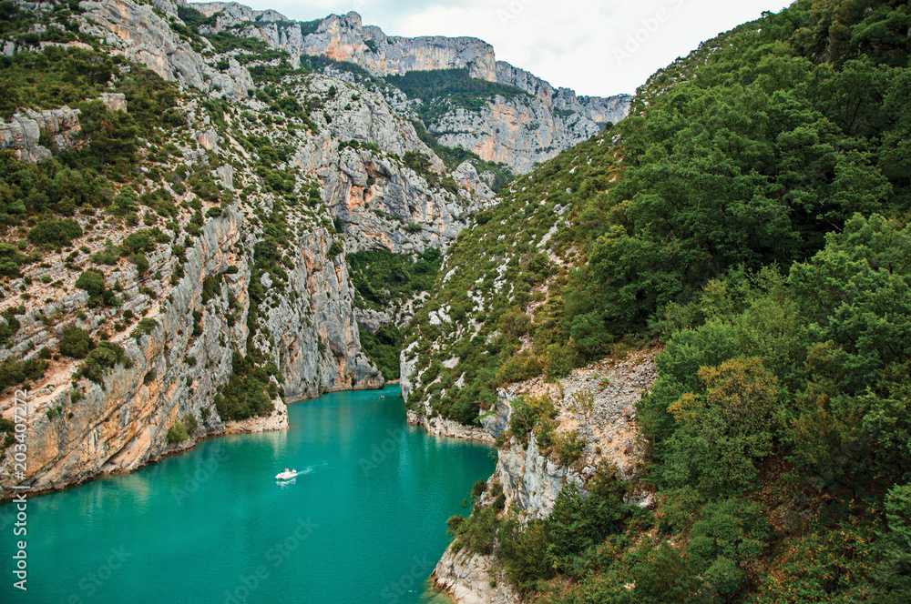 Cliffs on the Verdon River on cloudy day, the river flows into the Lake of Sainte-Croix in the Verdon National Park. In Alpes-de-Haute-Provence department, Provence region, southeastern France