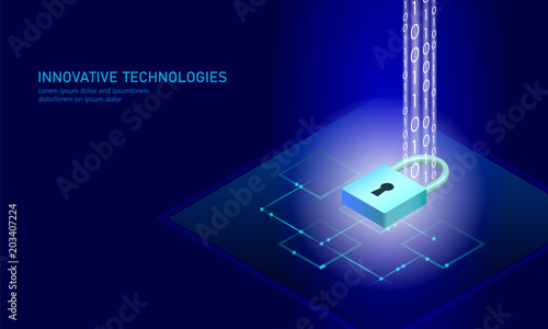 Isometric internet security lock business concept. Blue glowing isometric personal information data connection pc smartphone future technology. 3D infographic vector illustration