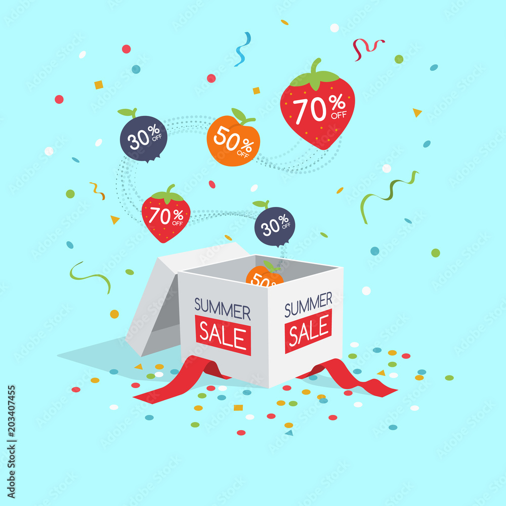 Special summer sale symbol with gift box, flying colorful fruit labels and confetti isolated on light blue background. Easy to use for your design with transparent shadows.