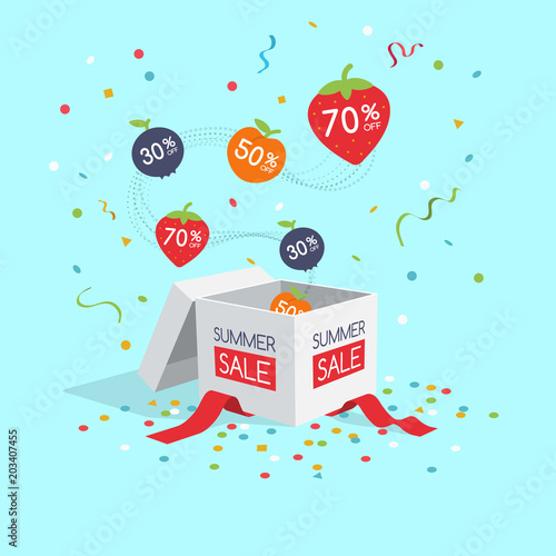 Special summer sale symbol with gift box, flying colorful fruit labels and confetti isolated on light blue background. Easy to use for your design with transparent shadows.