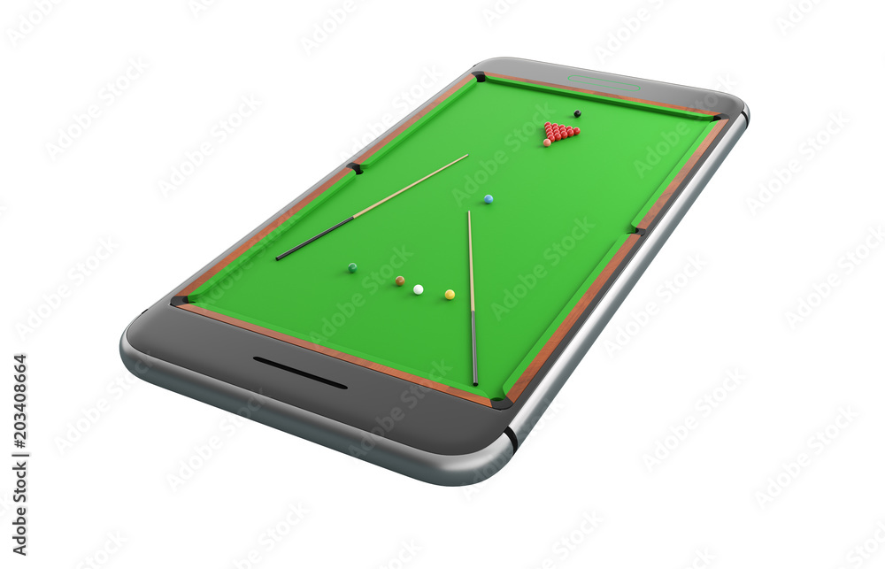 Isolated mobile phone screen billiard game concept 3d illustration. Minimal white background pool table design Isolated mobile phone screen billiard game concept 3d illustration. Minimal white background pool table design