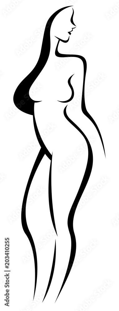 Linear silhouette of a nude beautiful woman with long hair Linear silhouette of a nude beautiful woman with long hair