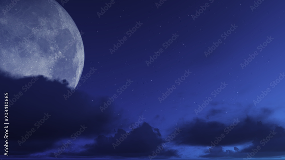 3D Rendering Night, Cloudy Moon Sky Background