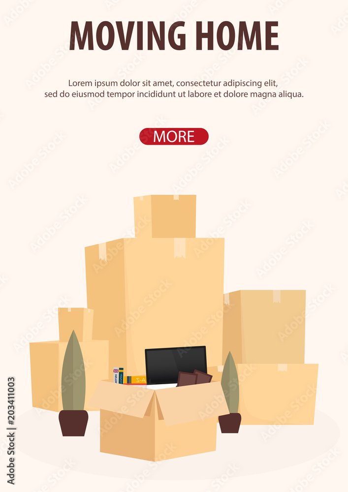 Moving Home, We are moved. Moving Truck with Boxes. Vector cartoon style illustration Moving Home, We are moved. Moving Truck with Boxes. Vector cartoon style illustration