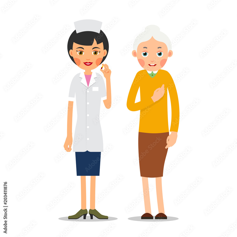 Doctor and patient. Practitioner woman stands and supports old woman patient. Hand of doctor on shoulder of elderly patient. Consultation and diagnosis. Illustration isolated on white background Doctor and patient. Practitioner woman stands and supports old woman patient. Hand of doctor on shoulder of elderly patient. Consultation and diagnosis. Illustration isolated on white background
