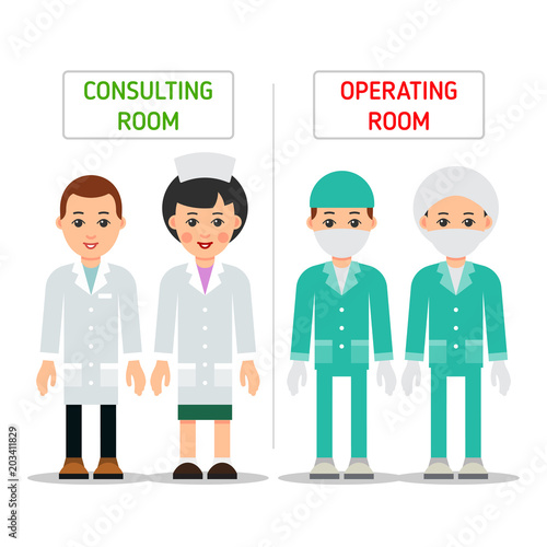 Doctors. Doctor man and woman in uniform for consalting room and operating room. Cartoon illustration isolated on white background in flat. Full length portrait of doctor, nurse or medical assistant