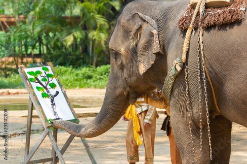 Elephant painting in picture elephant and tree frame, Asia Thailand 