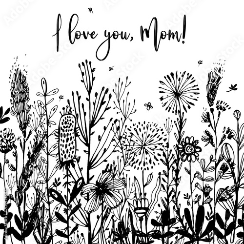 I love you, Mom black-and-white Background, celebration badge, tag. Text, card invitation, template. Vector illustration, Great design element for congratulation cards, print, banners and others