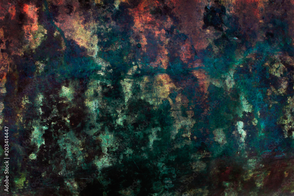 Abstract dark aged background in green, red and black colors. Grunge texture with stains.
