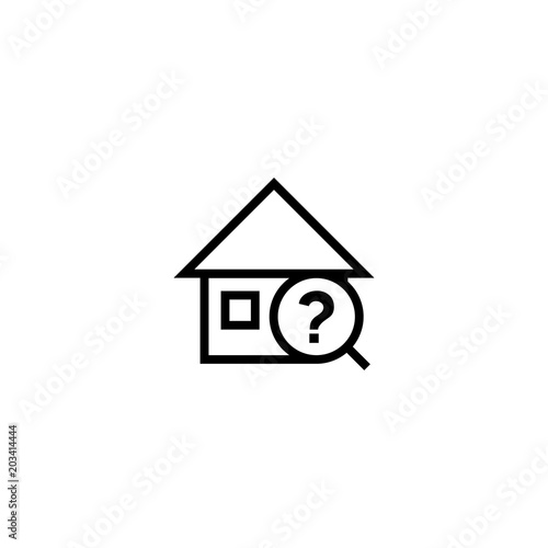 random search house icon. home with magnifying glass and question mark symbol. simple clean thin outline style design.