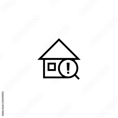 warning search house icon. home with magnifying glass and exclamation mark symbol. simple clean thin outline style design.