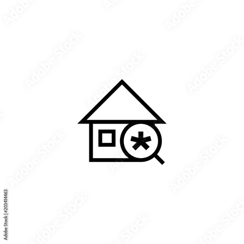search new house icon. home with magnifying glass and asterisk symbol. simple clean thin outline style design.