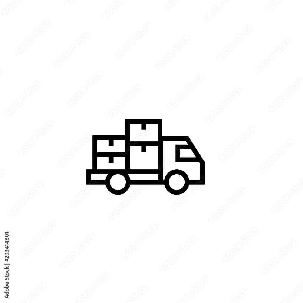 truck moving package icon with stack of cardboard boxes symbol. delivery and relocation concept. simple clean thin outline style design.