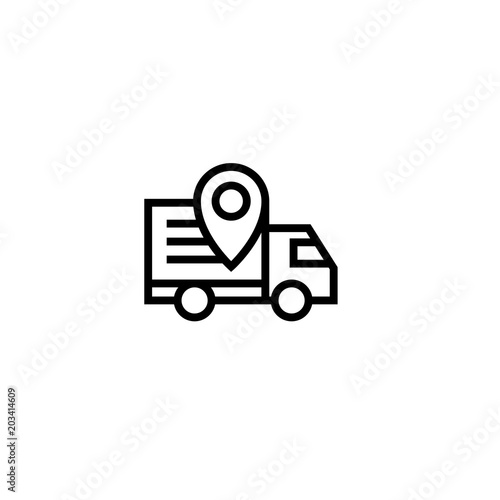 moving truck tracking icon with pin locator symbol. relocation and delivery concept. simple clean thin outline style design.