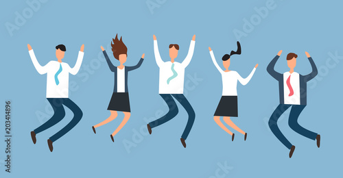 Happy excited business people, employees jumping together. Successful team work. Flat vector illustration.