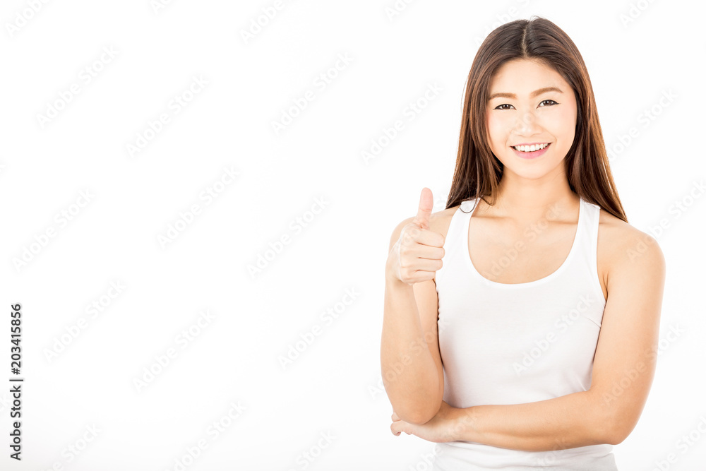 Beautiful Attractive Asian woman smile and showing thumbs up for good sign feeling so confident and happiness with Healthy Skin,Isolated on white background,Beauty Concept Beautiful Attractive Asian woman smile and showing thumbs up for good sign feeling so confident and happiness with Healthy Skin,Isolated on white background,Beauty Concept