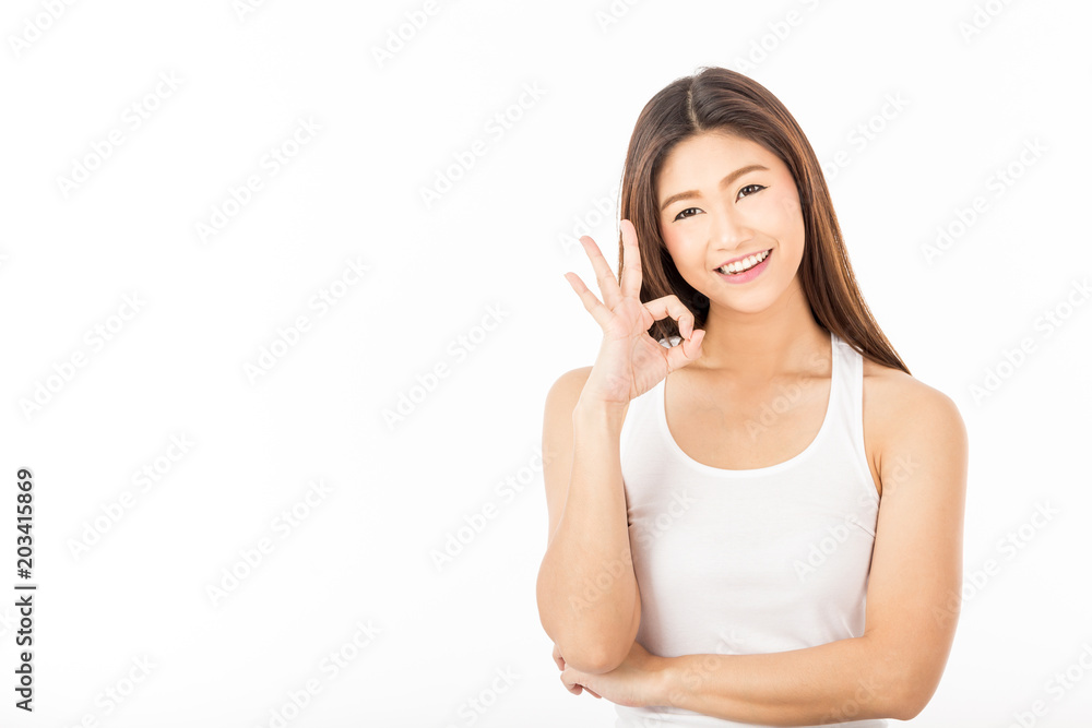 Beautiful Attractive Asian woman smile and making okay hand sign feeling so happiness with healthy skin,Isolated on white background,Skincare Concept Beautiful Attractive Asian woman smile and making okay hand sign feeling so happiness with healthy skin,Isolated on white background,Skincare Concept