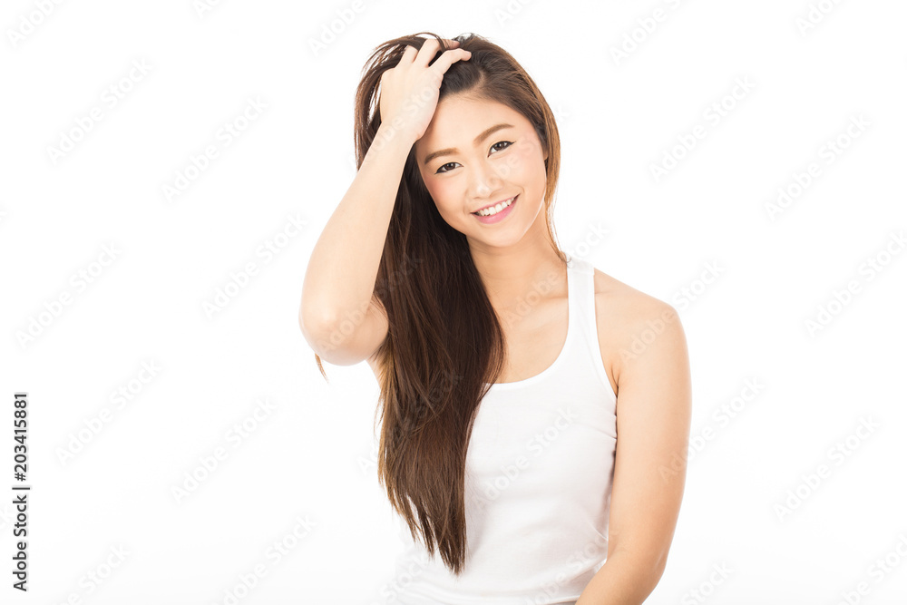 Beautiful Attractive Asian woman smile and touching smooth hair feeling so happiness with healthy skin,Isolated on white background,Beauty Haircare Concept