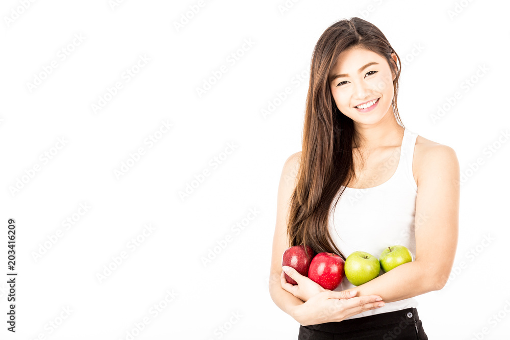 Beautiful Attractive Asian woman with smooth hair smile and holding red and green apple feeling so happiness with healthy skin,Isolated on white background,Healthy Concept Beautiful Attractive Asian woman with smooth hair smile and holding red and green apple feeling so happiness with healthy skin,Isolated on white background,Healthy Concept