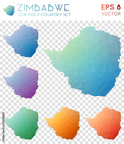 Zimbabwe geometric polygonal maps, mosaic style country collection. Fetching low poly style, modern design. Zimbabwe polygonal maps for infographics or presentation.