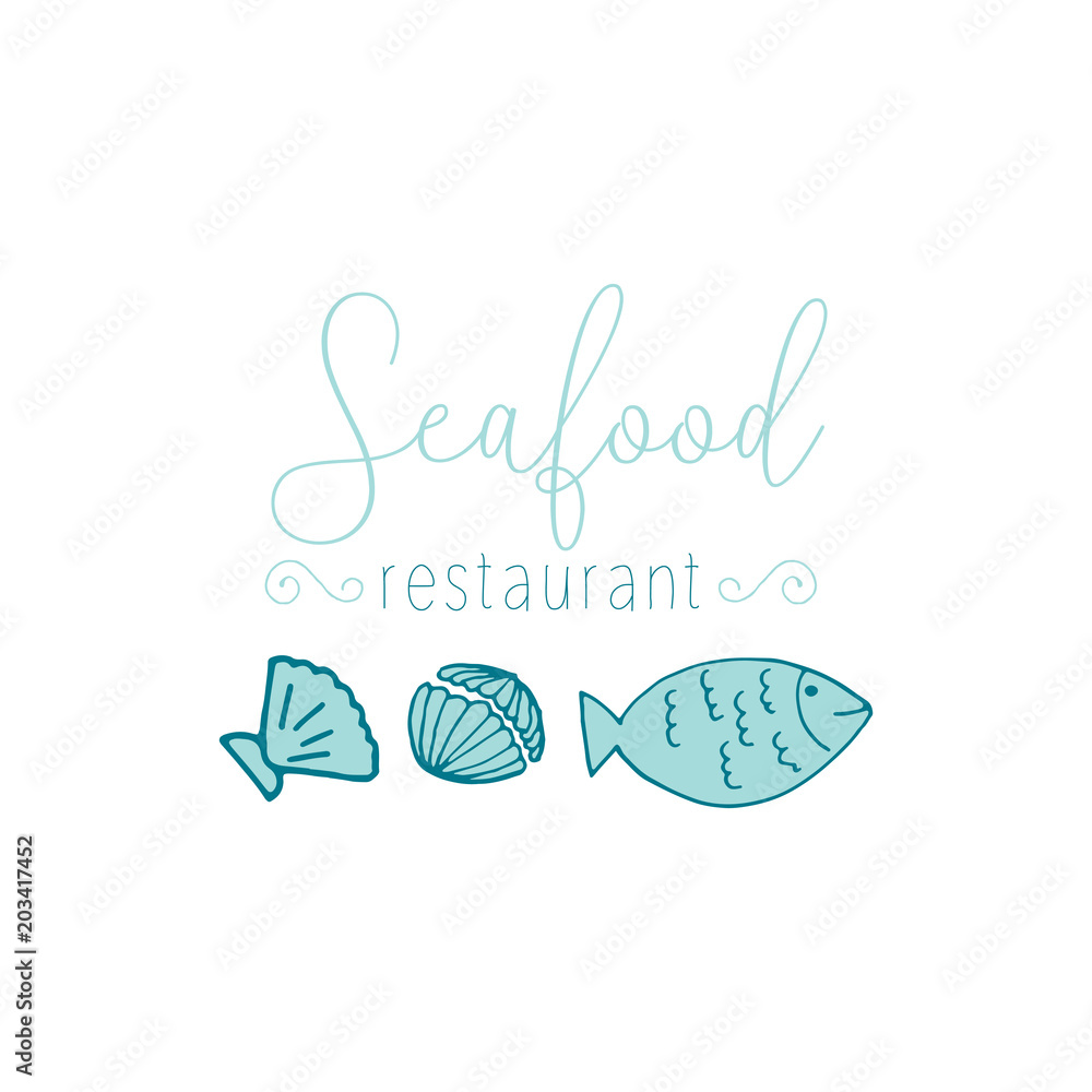 Hand Drawn Doodle Sketch Seafood illustration. Nautical background for seafood or fish restaurants, bars, markets or festivals. Vector template