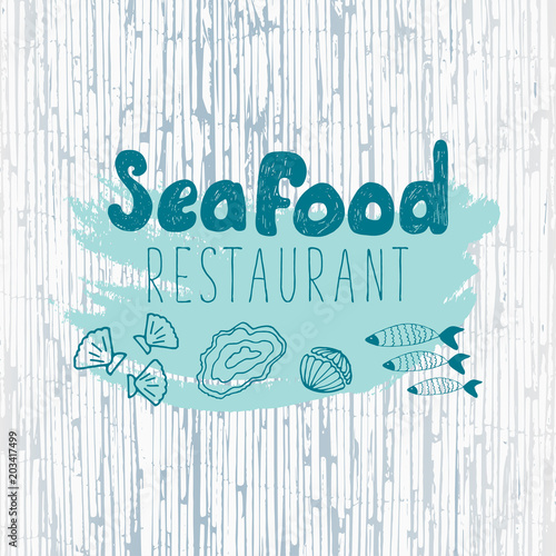 Hand Drawn Doodle Sketch Seafood illustration. Nautical background for seafood or fish restaurants, bars, markets or festivals. Vector template