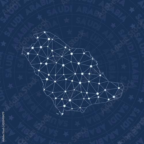 Saudi Arabia network, constellation style country map. Beautiful space style, modern design. Saudi Arabia network map for infographics or presentation.