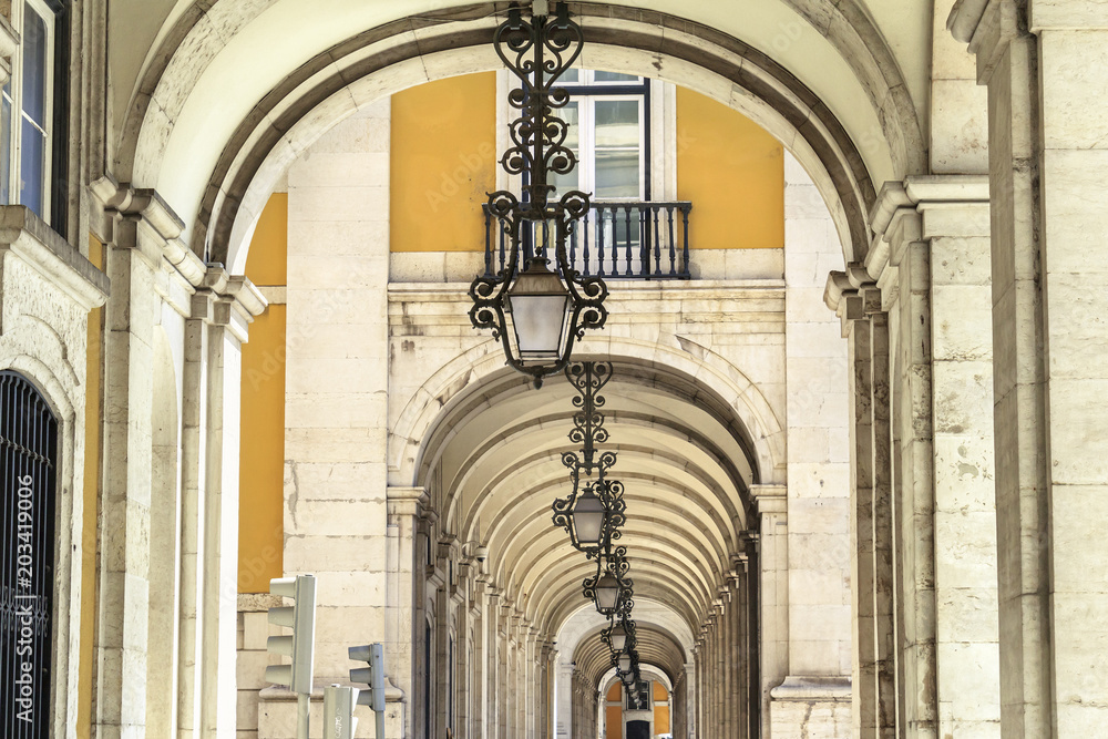 Arches at Praca do Comercio in Lisbon, Portugal