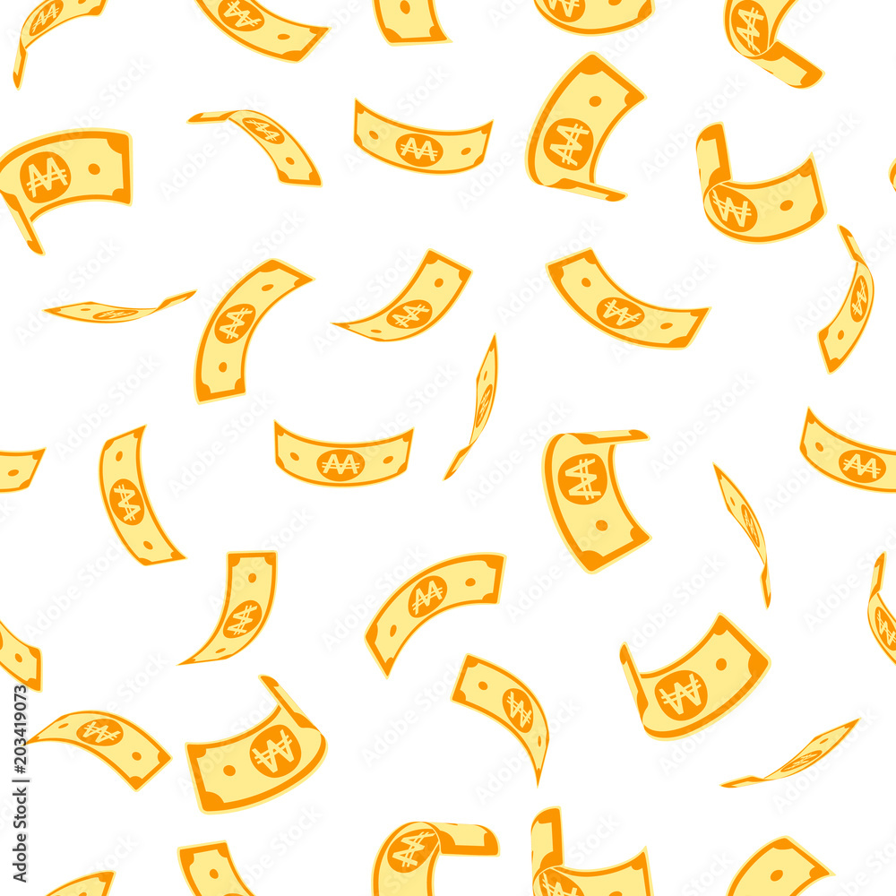 Obraz premium Korean won notes seamless pattern. Scattered WON bills. Korea sparse flying money pattern. Jackpot, wealth or success concept. Vector illustration.