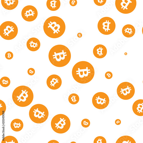 Bitcoins seamless pattern, white symbols of orange bitcoin on white background. Vector illustration.