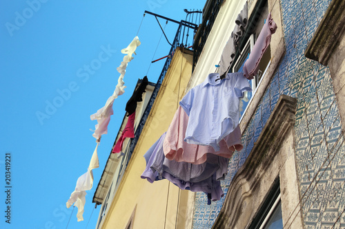 Clothes hanging in a street of Lisbon, Portugal