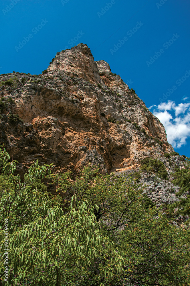 View of cliffs and trees near the church Notre-Dame de Beauvoir, above the charming village of Moustiers-Sainte-Marie. In the Alpes-de-Haute-Provence department, Provence region, southeastern France View of cliffs and trees near the church Notre-Dame de Beauvoir, above the charming village of Moustiers-Sainte-Marie. In the Alpes-de-Haute-Provence department, Provence region, southeastern France