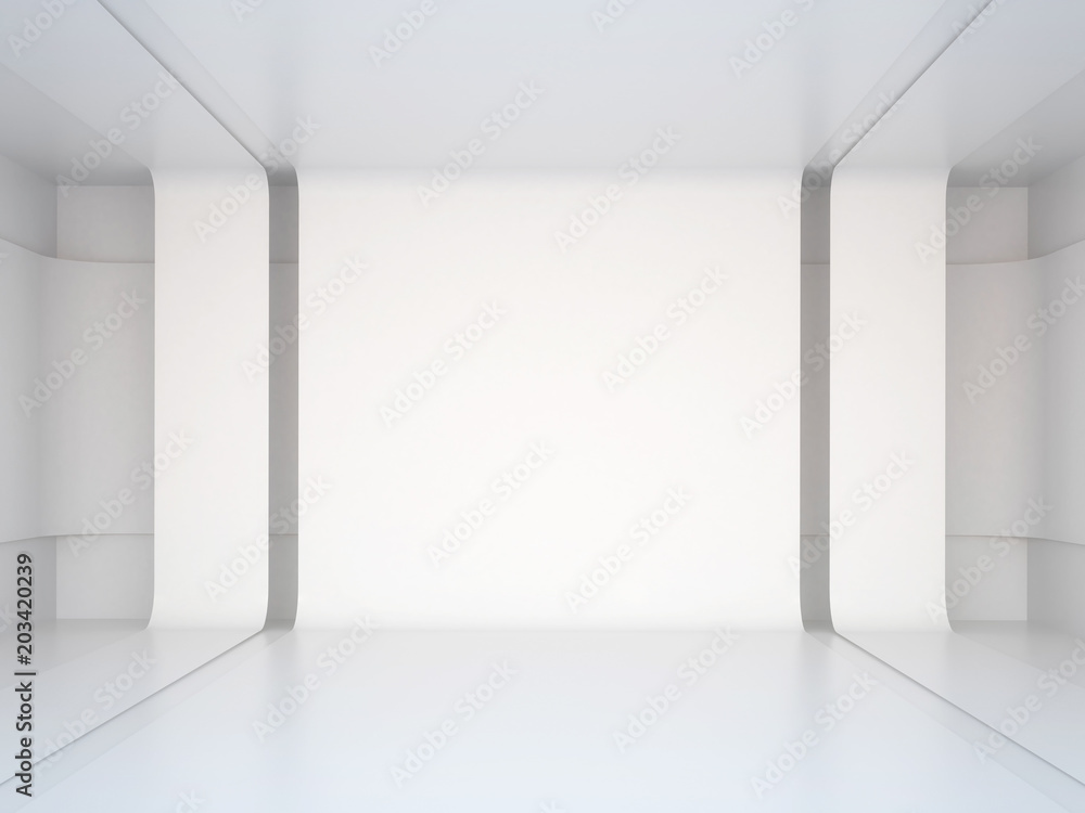 3d illustration. White interior of not existing building with stripes on wall and ceiling. Symmetrical view, render. Place for text. 3d illustration. White interior of not existing building with stripes on wall and ceiling. Symmetrical view, render. Place for text.