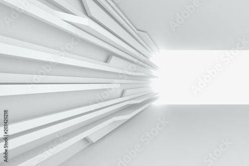3d illustration. Abstract three-dimensional composition on the theme of progress, data transmission; dynamics, aspiration. Moving forward white lines, backlit in perspective. Render.