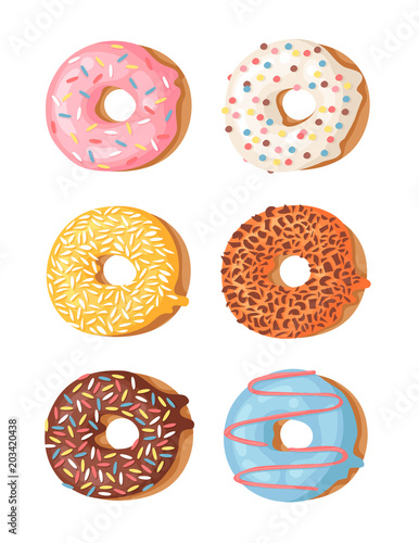 Cartoon vector illustration set of donuts. Hand drawn drawing sweet bun. Actual Creative art work bake