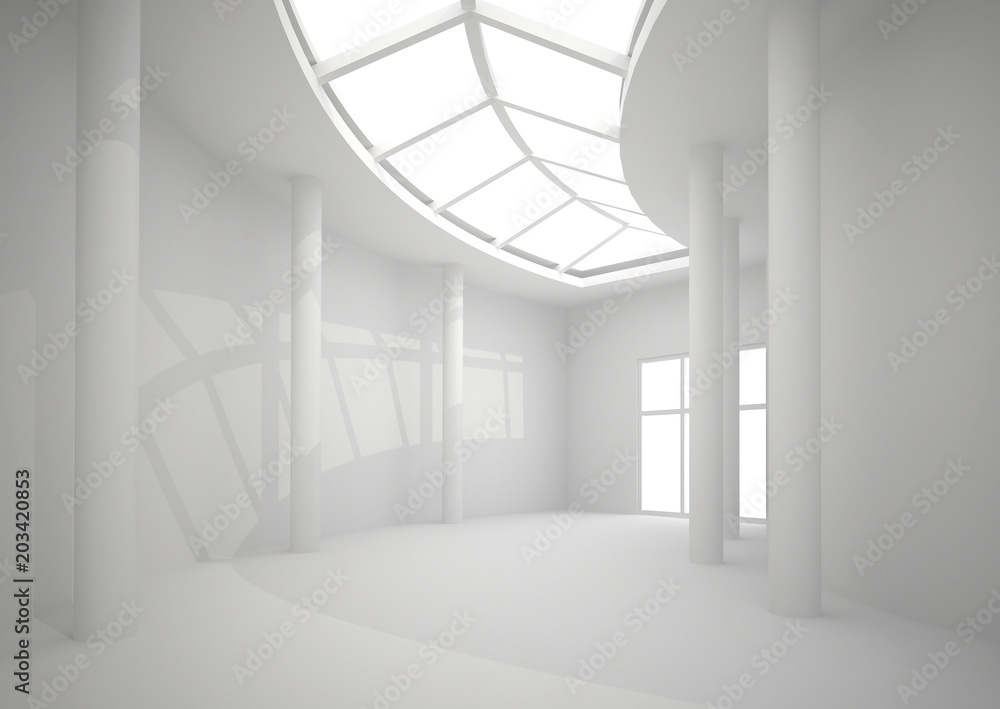 Fototapeta premium 3d illustration. White interior of nonexistent building. Long circular corridor with overhead lighting in perspective. Render.