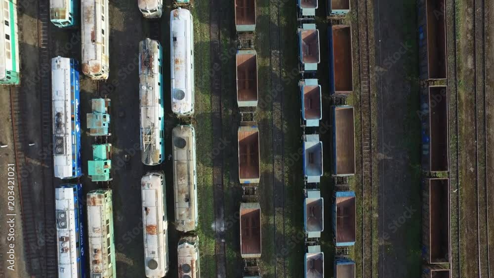 Flight over trains. Aerial shot Flight over trains. Aerial shot