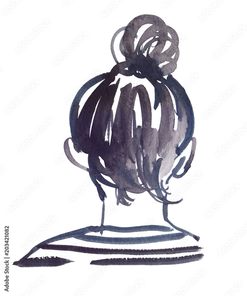 Back of a girl in striped shirt with hair tied in a bun painted in ...