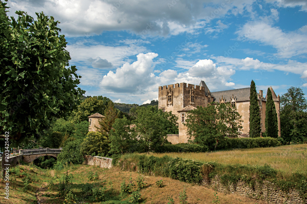 Panoramic view of Allemagne–en–Provence Castle, near the village of the same name. Located in the Alpes-de-Haute-Provence department, Provence-Alpes-Côte d'Azur region, southeastern France