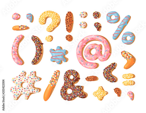 Cartoon vector illustration donut. Hand drawn font with sweet bun. Actual Creative art bake alphabet