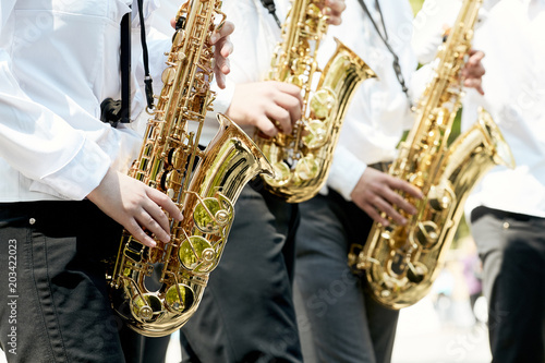 Photography Closeup of children's brass band playing in the park.