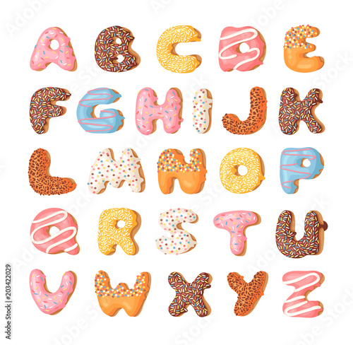 Cartoon vector illustration donut. Hand drawn font with sweet bun. Actual Creative art bake alphabet