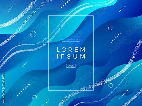 Abstract vector blue background. Composition with fluid  shape, stipple waves and frame for text or message.