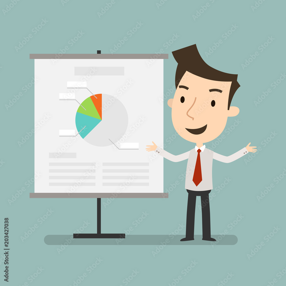 Sales presentation, The businessman with presenting his report through infographics, Business concept, Vector illustration