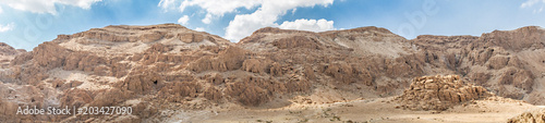 Panorama Qumran Scroll caves near Dead Sea, Israel