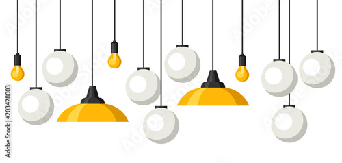 Banner with hanging chandeliers, lamps and lighting fixtures