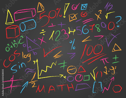 Hand drawn color math symbols on blackboard