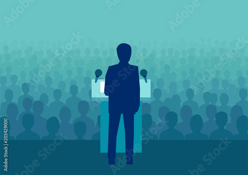 Vector of a businessman or politician speaking to a large crowd of people