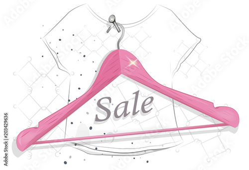 Pink hanger. Pink hanger on a white background. Hanger on the hobnail. A hobnail in the wall. Fashion. Sale. Vector pink hanger hangs on the hobnail.sale
