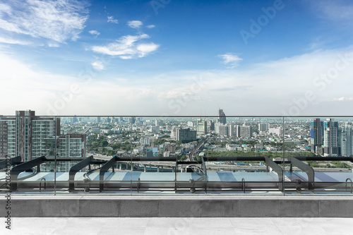 empty terrace, roof top balcony in the building with cityscape background, bangna bangkok Thailand.